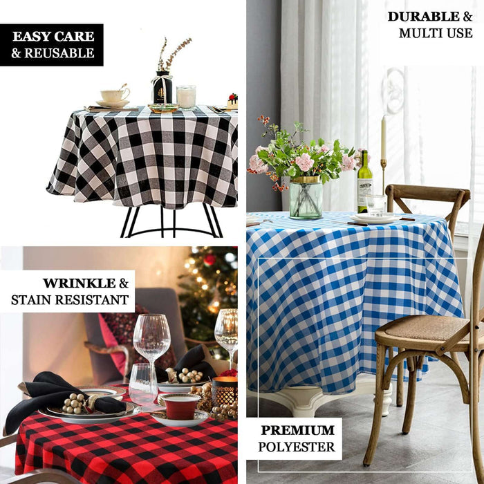 Tablecloths in various patterns: black and white check, red and black check, blue and white check.