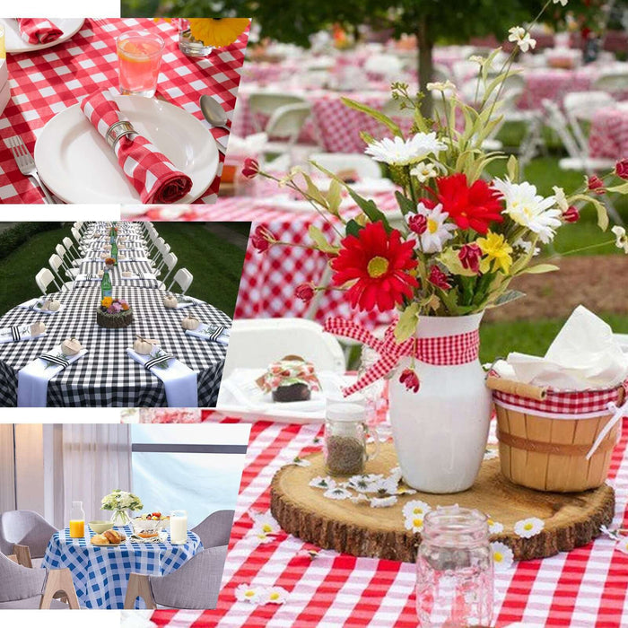 Colorful picnic table setups with checkered tablecloths and floral centerpieces.