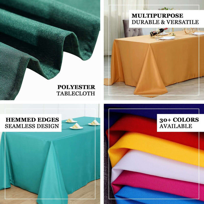 Polyester tablecloth in various colors with hemmed edges for seamless design.