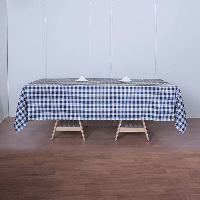 Blue and white checkered tablecloth draped over a table.