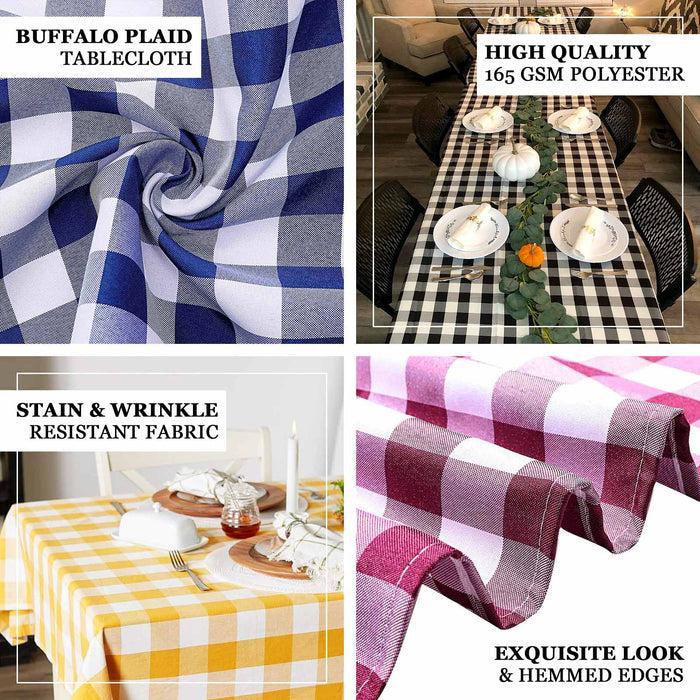 Buffalo plaid tablecloths in various colors, showcasing quality and design features.