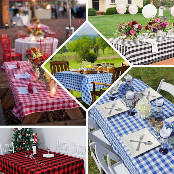 Various outdoor tables set with checked tablecloths in different colors and arrangements.