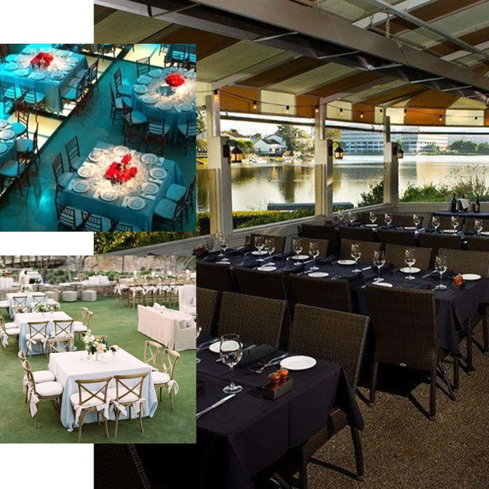 Elegant dining setups with tables, chairs, and centerpieces by the water.