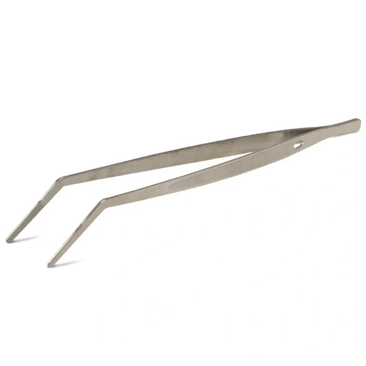 Metal tweezer tongs on a white background.