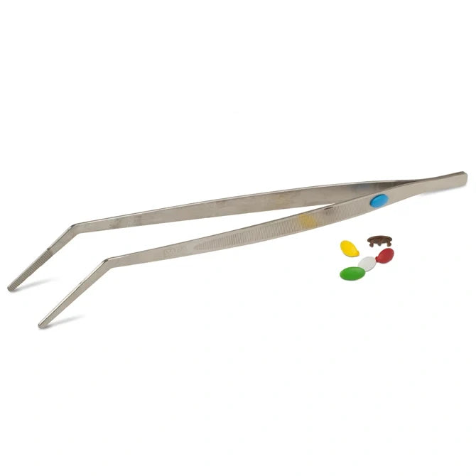 Metal tweezers with colorful pills to assist in identification on usage on a white background.