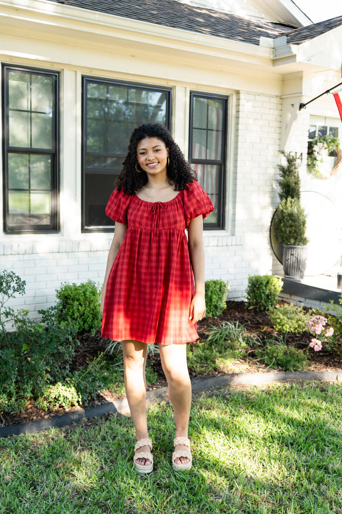 Puff Sleeve Gingham Mini Dress