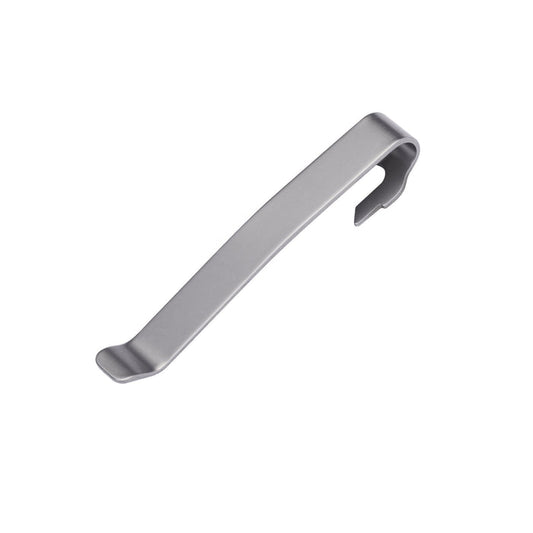 Front side of the Matte Silver Leatherman Quick-Release Pocket Clip showing the flat engravable surface