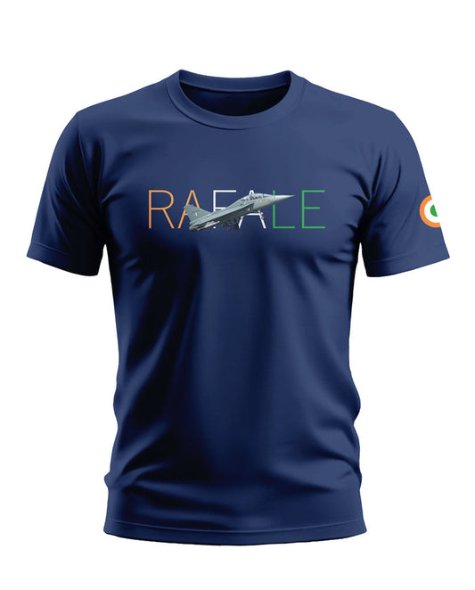 Navy blue men's t-shirt with 'Rafale' text, fighter jet graphic, and Indian flag sleeve print