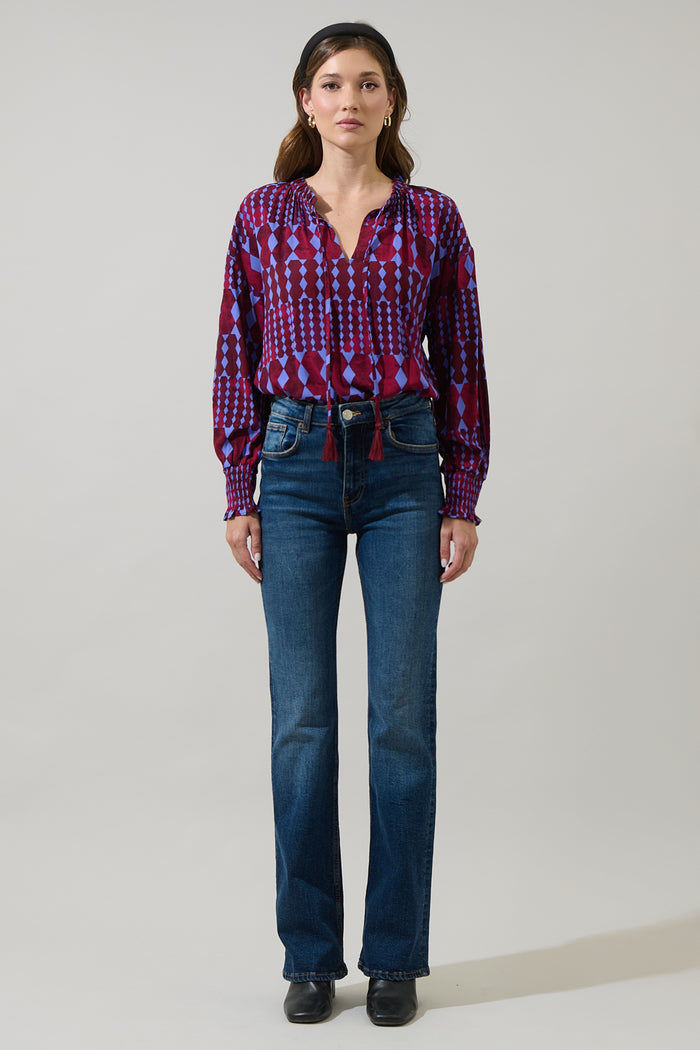 Ramsay Abstract Weylin Split Neck Tassel Blouse
