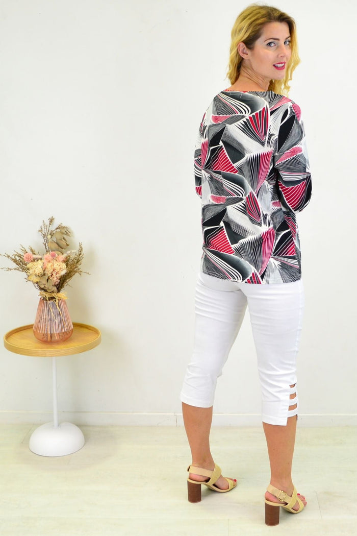 Red Matrics stretch tunic top by I Love Tunics, lightweight and fitted with long sleeves, displayed on a plain background.