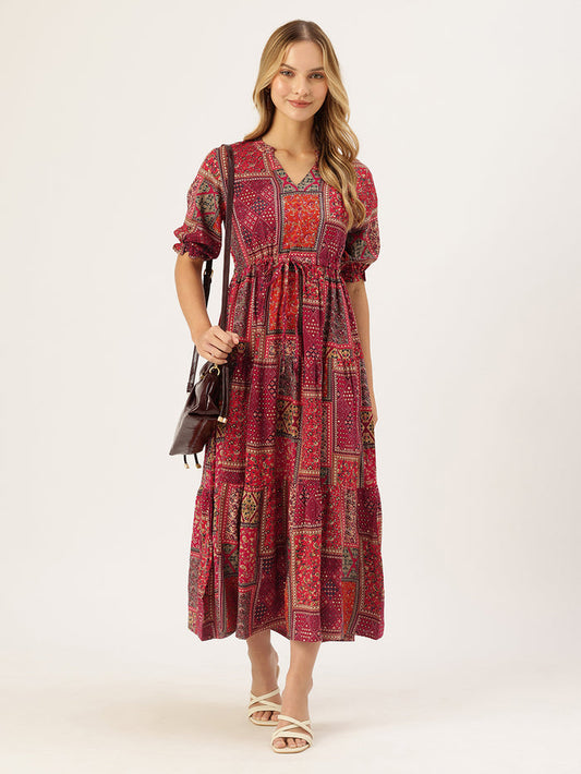 Red Printed Fit & Flare Midi Tiered Ethnic Dress, Dress, Printed Dress, Red Color