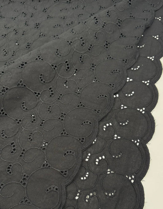 Remnant 2m - Black Swirl Embroidered Cotton Fabric