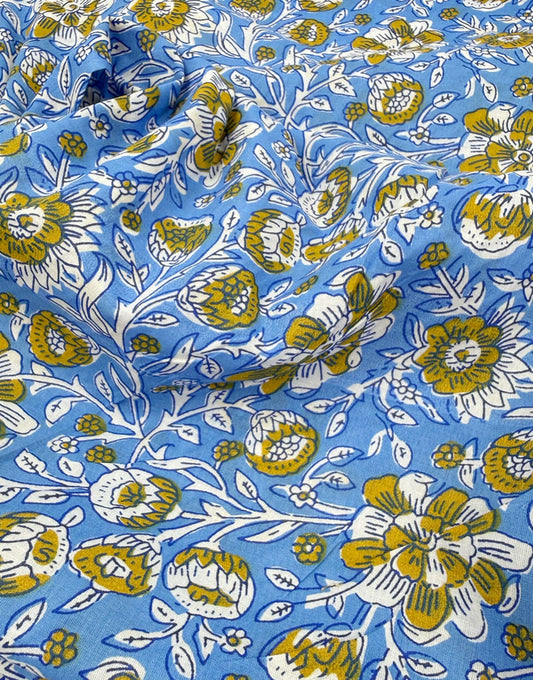 Remnant 2m - Blue & Ochre Floral, Indian Block Print Cotton Fabric