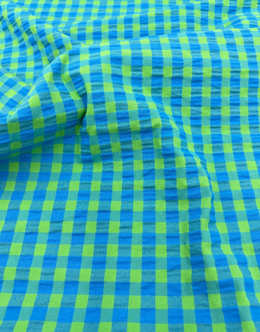 Remnant 45cm - Electric Blue & Lime Seersucker Gingham Cotton Fabric