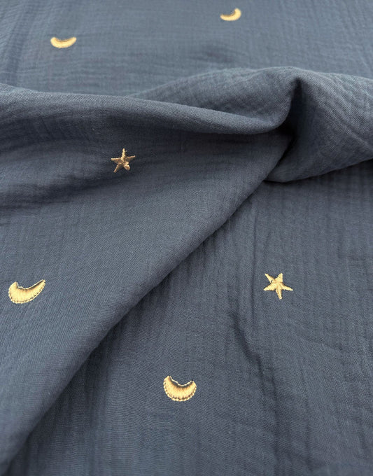Remnant 50cm - Blue Moonlight Embroidered Cotton Double Gauze Fabric