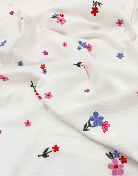 Remnant 50cm - Little Meadow Embroidered Double Gauze Fabric