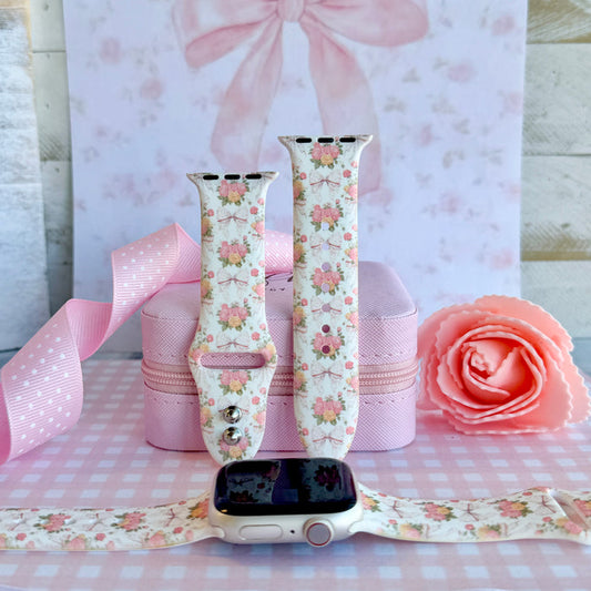Ribbons & Roses Apple Watch band with pink roses and ribbon bows on cream background with pink rose and ribbon decorations
