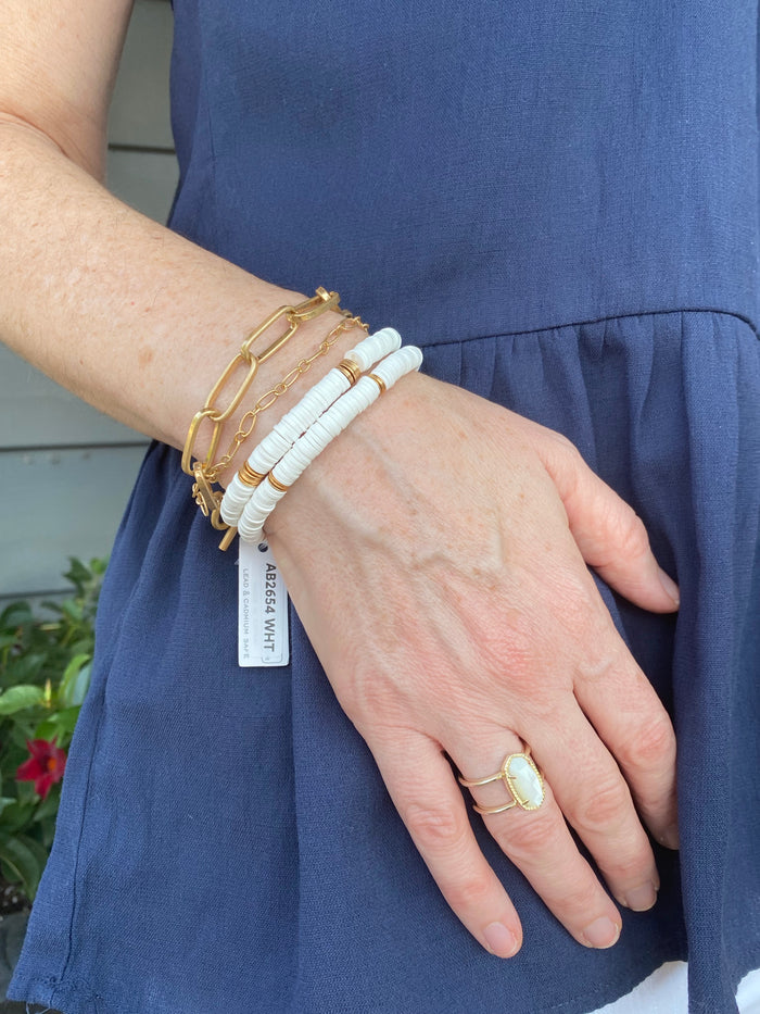 set of 3 bracelets, white and gold bracelet, gold chains,