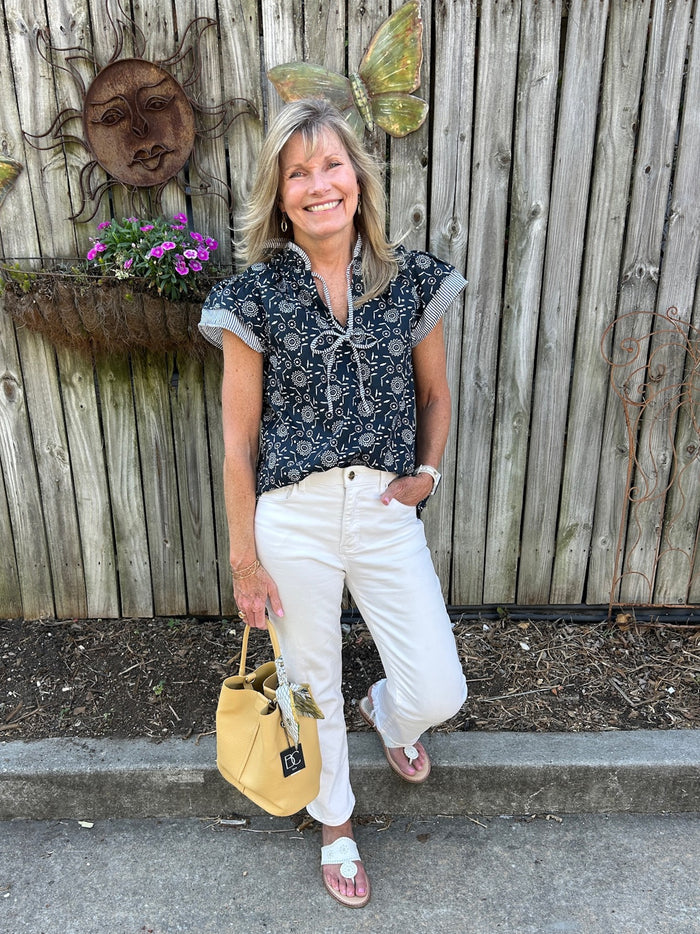 Ruffle Sleeve Navy and White Top w/ Contrasting Striped Trim