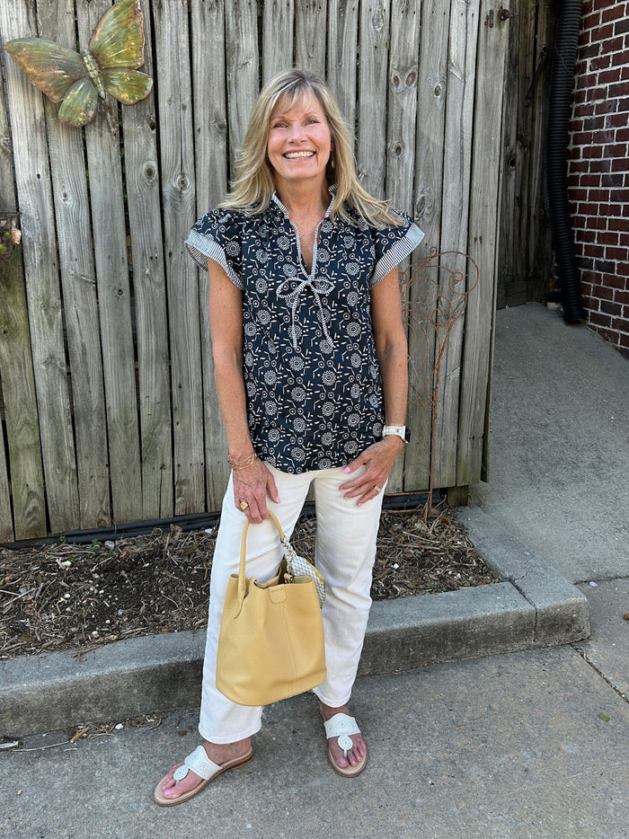 Ruffle Sleeve Navy and White Top w/ Contrasting Striped Trim