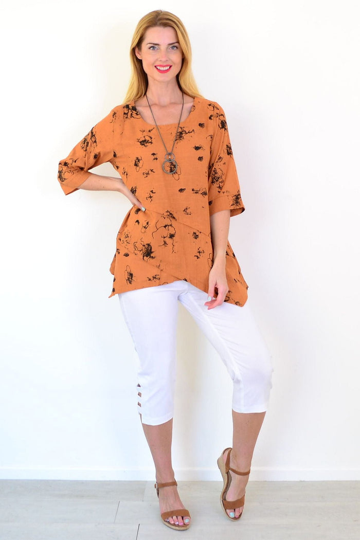 Rust-colored layered linen blend tunic top by Ruby Rain, featuring a relaxed fit and stylish design.
