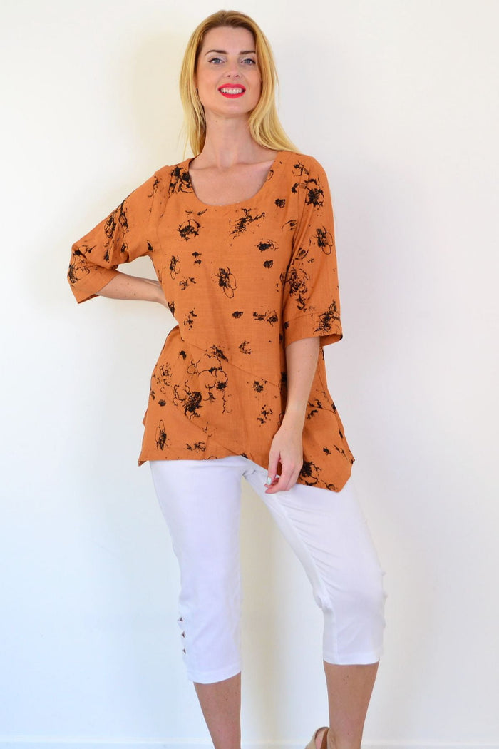 Rust layered linen blend tunic top by Ruby Rain, featuring a relaxed fit with textured fabric and layered design.