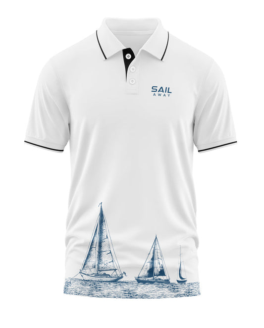 White men's polo t-shirt with 'Sail Away' text, black trim, and blue sailboat print at hem
