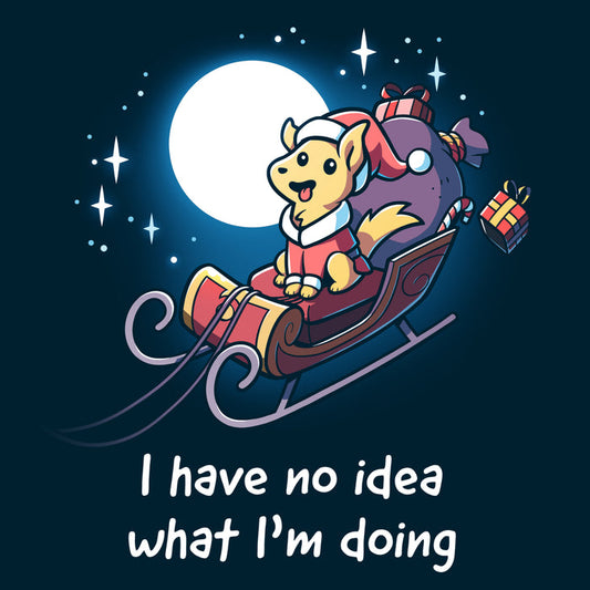 Premium Cotton T-shirt_TeeTurtle navy blue Santa Paws apparel featuring a dog dressed as Santa riding in a sleigh in the moonlit sky with presents flying off, and the caption, "I Have No Idea What I'm Doing".