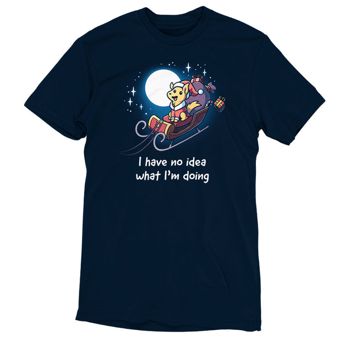 Premium Cotton T-shirt_TeeTurtle navy blue Santa Paws apparel featuring a dog dressed as Santa riding in a sleigh in the moonlit sky with presents flying off, and the caption, "I Have No Idea What I'm Doing".