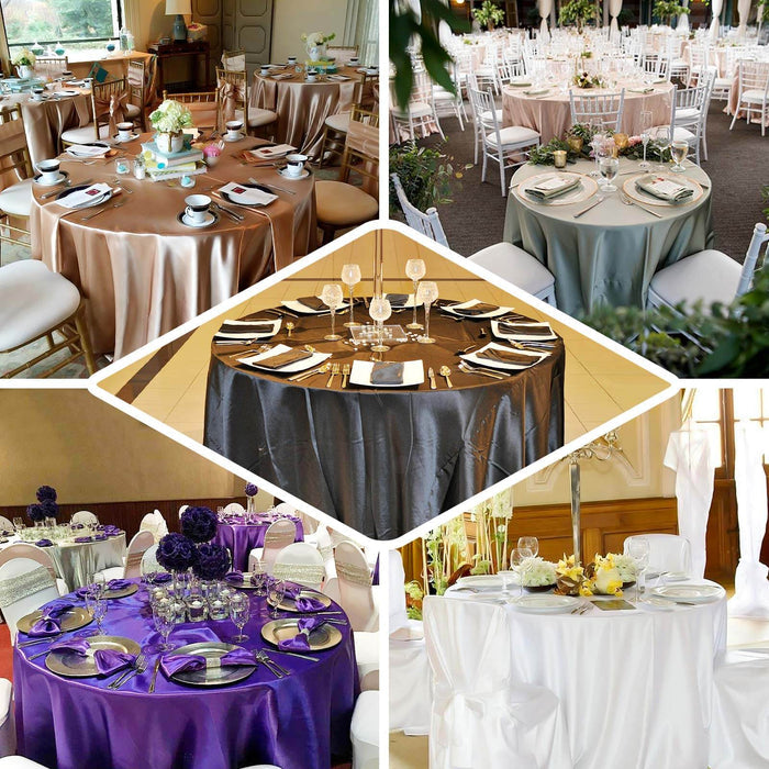 Elegant table settings with various colored tablecloths for events and gatherings.
