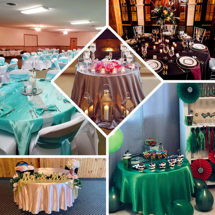 Decorated tables for various events with colorful tablecloths and centerpieces.