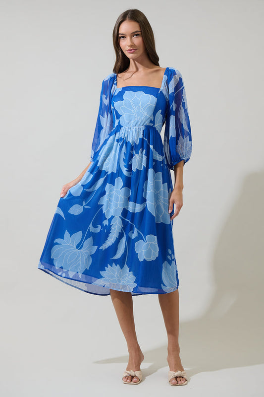 Seabloom Floral Amaretto Puff Sleeve Midi Dress