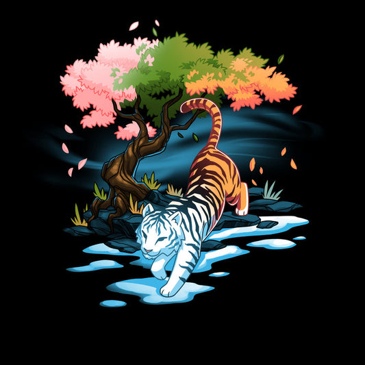 Premium Cotton T-shirt_TeeTurtle black Season Keeper apparel featuring a majestic tiger. The front half of the tiger is white and is stepping into winter, and snow, while the back half is orange. It is walking under a tree with different color leaves representing spring, summer, and fall.
