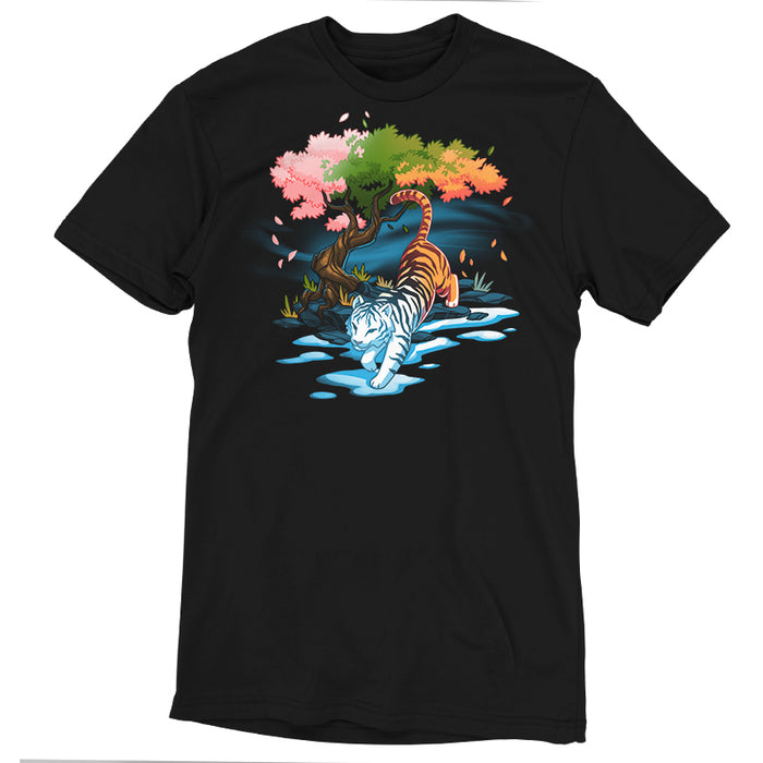Premium Cotton T-shirt_TeeTurtle black Season Keeper apparel featuring a majestic tiger. The front half of the tiger is white and is stepping into winter, and snow, while the back half is orange. It is walking under a tree with different color leaves representing spring, summer, and fall.