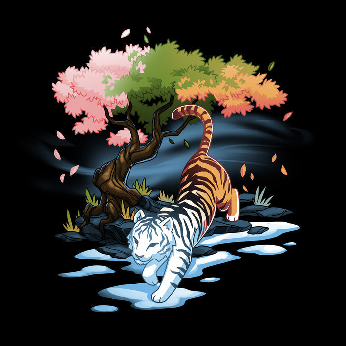 Classic Cotton T-shirt_TeeTurtle black Season Keeper apparel featuring a majestic tiger. The front half of the tiger is white and is stepping into winter, and snow, while the back half is orange. It is walking under a tree with different color leaves representing spring, summer, and fall.