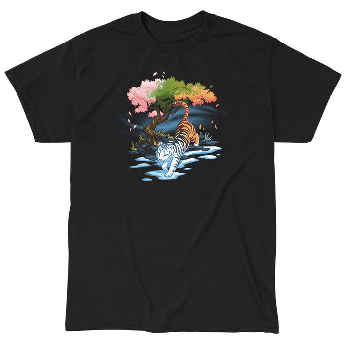 Classic Cotton T-shirt_TeeTurtle black Season Keeper apparel featuring a majestic tiger. The front half of the tiger is white and is stepping into winter, and snow, while the back half is orange. It is walking under a tree with different color leaves representing spring, summer, and fall.