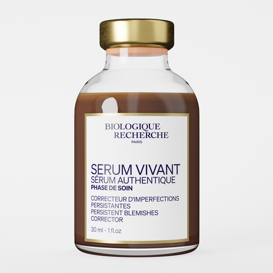 Biologique Recherche Serum Vivant skincare bottle with a gold cap and white label on a light gray background.