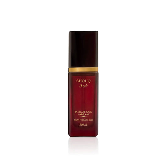 Jamr Al Oud SHOUQ argan perfume for hair and body, luxury 50ml bottle on white background