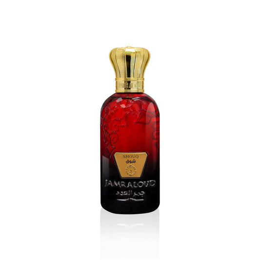 Jamr Al Oud Shouq perfume bottle with gold cap, luxury oriental fragrance