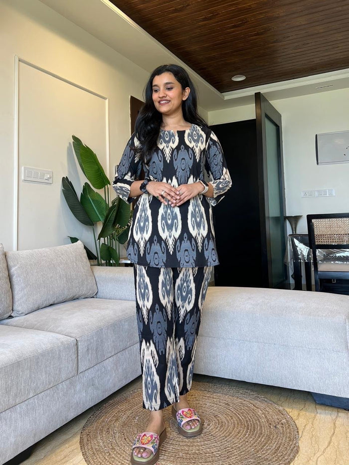 Sia Cotton Lounge Set- Black Ikkat