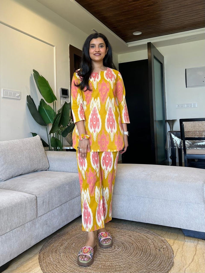 Sia Cotton Lounge Set- Orange Ikkat