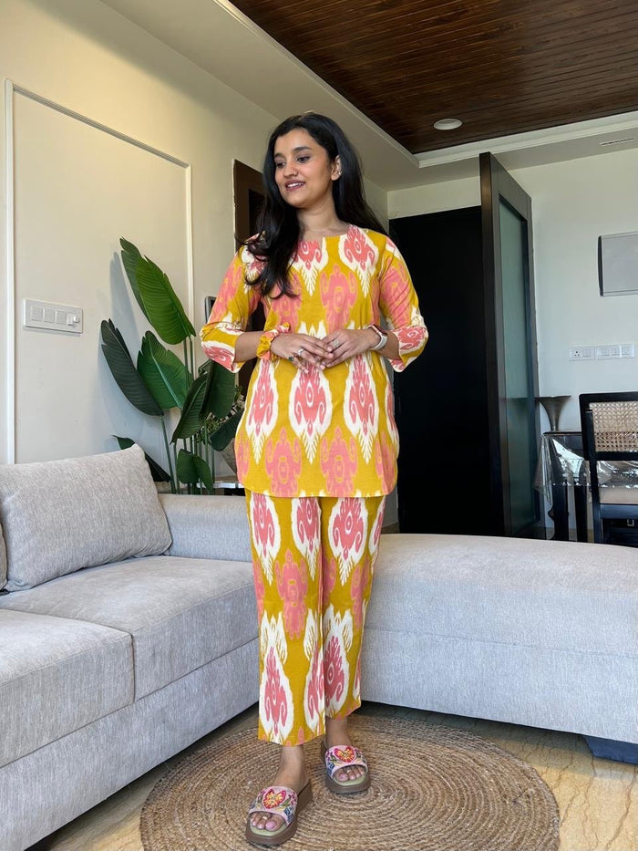 Sia Cotton Lounge Set- Orange Ikkat