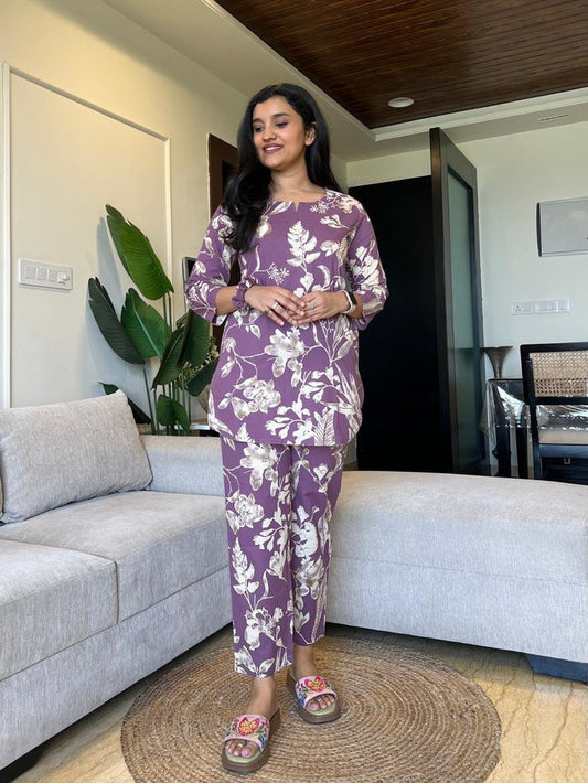 Sia Cotton Lounge Set- Purple Florals