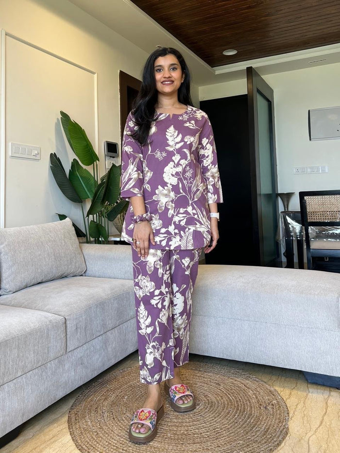 Sia Cotton Lounge Set- Purple Florals