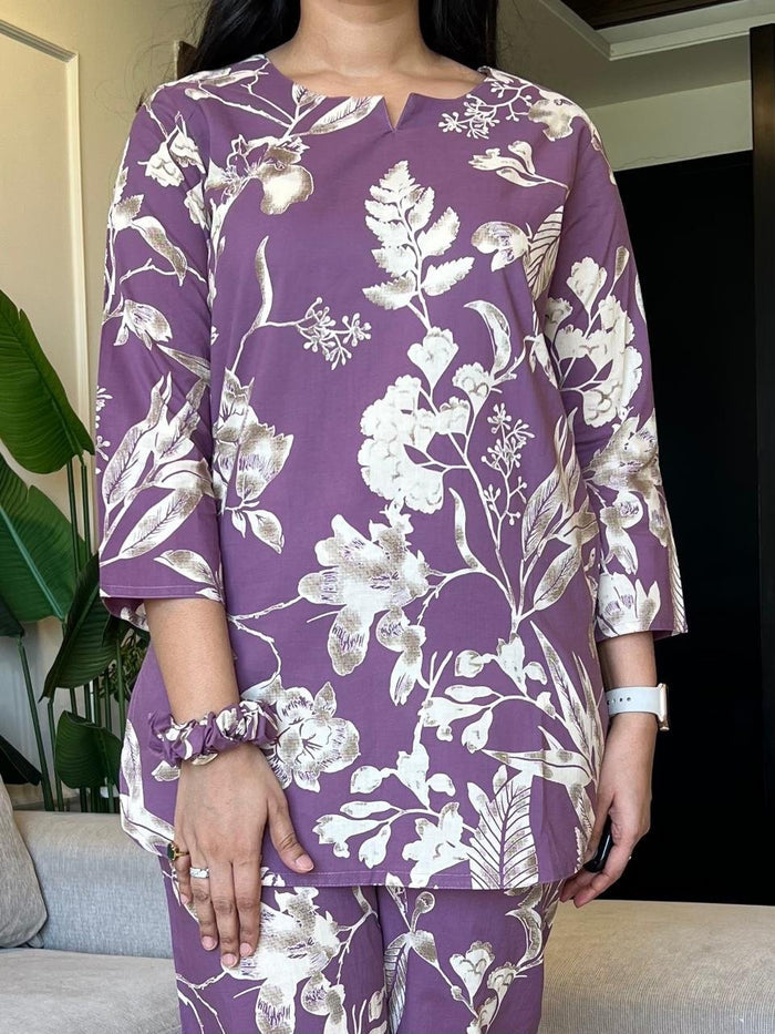 Sia Cotton Lounge Set- Purple Florals
