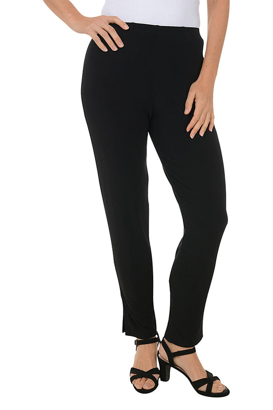 A pair of black pull-on ankle pants with side slits on the hemline, displayed on a model with a focus on the pants.