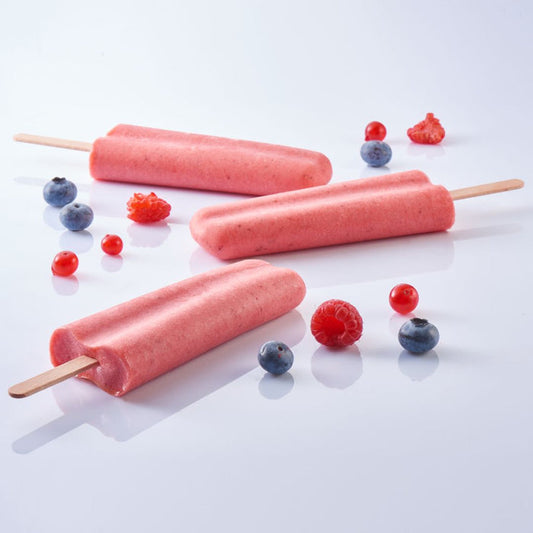 Item MA382 Silicone Pop Mold with 24 Cavities, 3oz showing popsicles with berries, shot on white silo background.