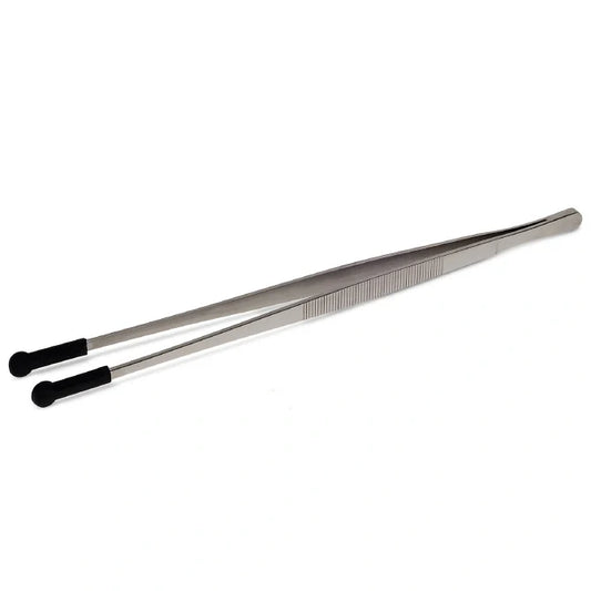 A pair of 12-inch stainless steel silicone-tipped tweezers with black handles.