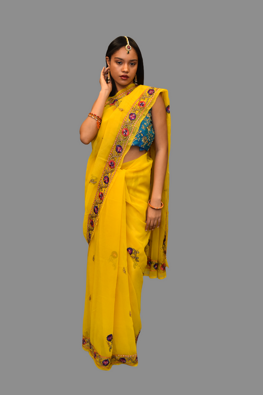 Silk Embroidered Bright Yellow Saree