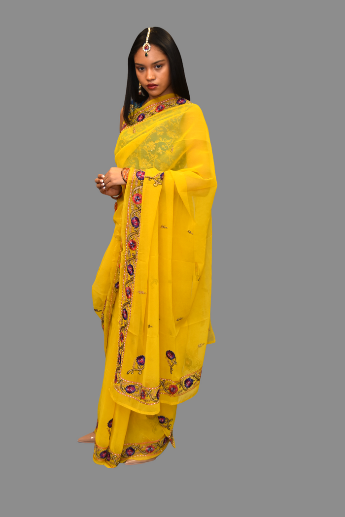 Silk Embroidered Bright Yellow Saree